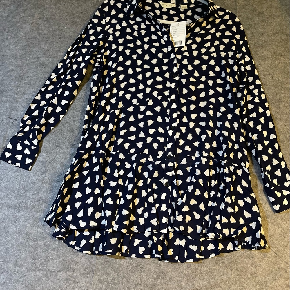 TYLHO Anthropologie Heart Print Tiered Shirt Dress – XS – Navy White – NWT